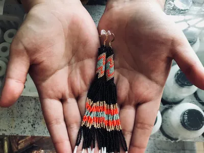 Peyote Stitched Earrings with Fringe and Dentallium Shells